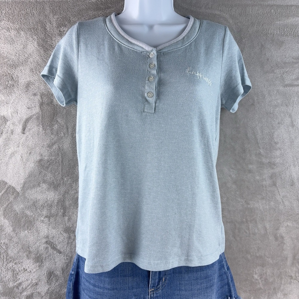 Laura Ashley Henley Top Womens Size Small Blue Short Sleeve Button Casual‎